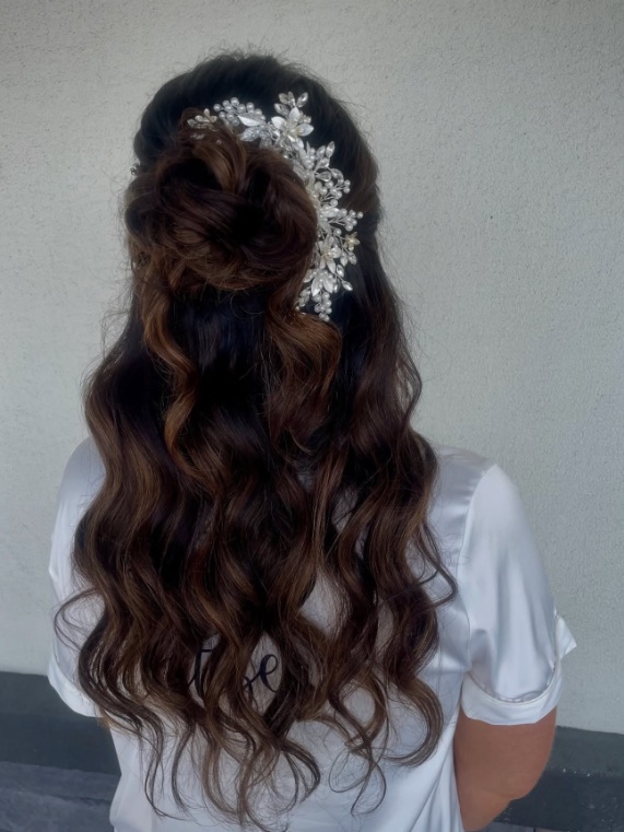 Half-up bun with a crystal comb, from behind